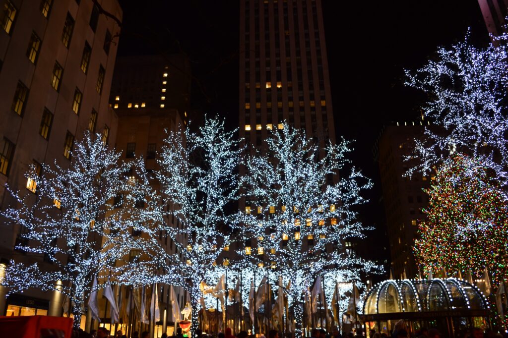 Glowing Blue Christmas Lights And Trees On The Street