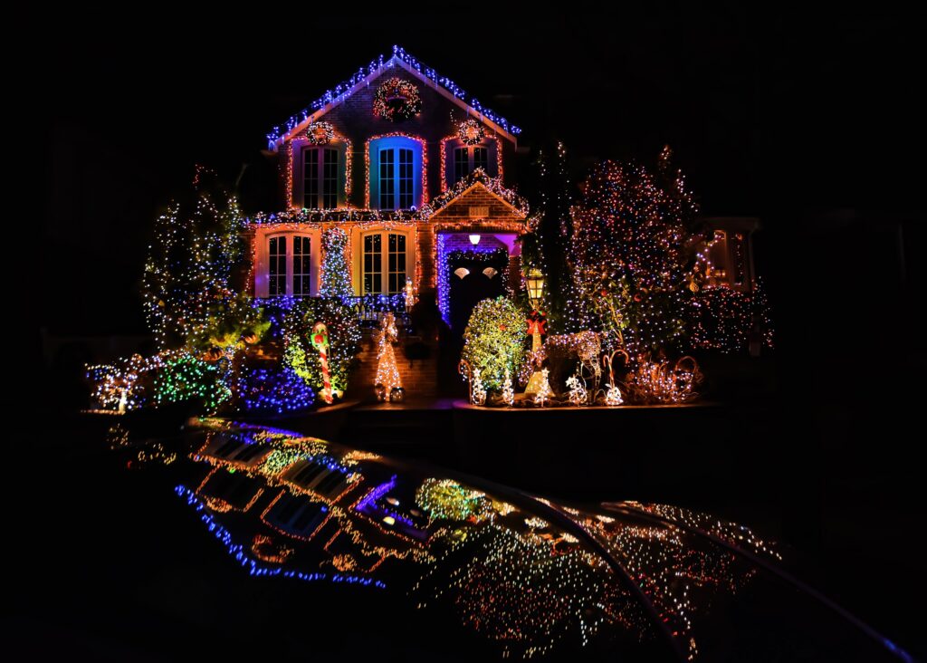 Glowing Christmas Lights And Trees At Home With Multiple Colors