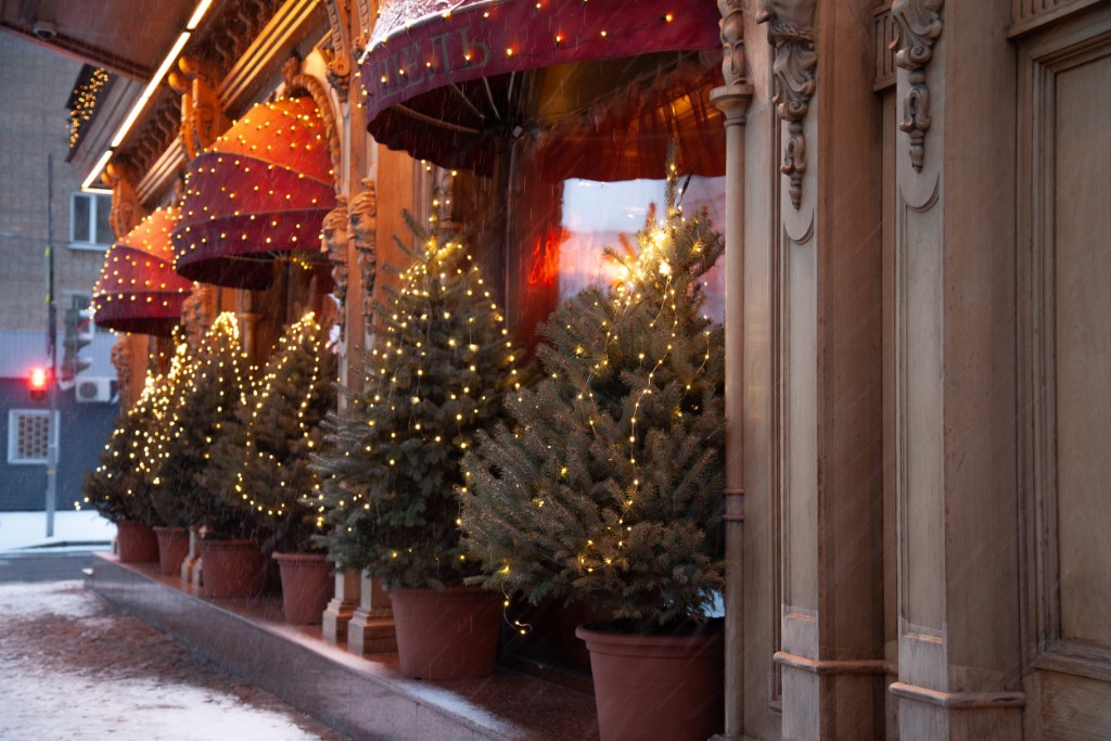 Glowing Christmas Lights And Trees On The Street