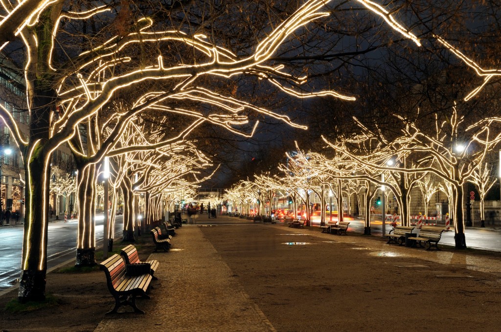 Glowing Yellow Christmas Lights And Trees On The Street